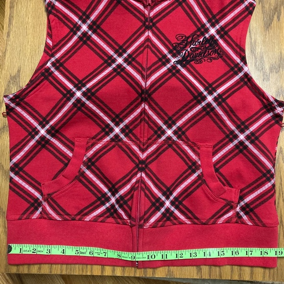 Harley-Davidson Red Plaid Hooded Biker Vest Split Zip Hood M/L Embroidered - Picture 10 of 14
